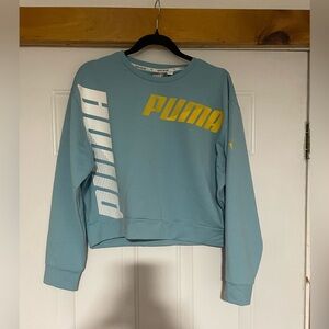 Puma Women's Light Blue and Yellow Crew Neck Crop Sweatshirt